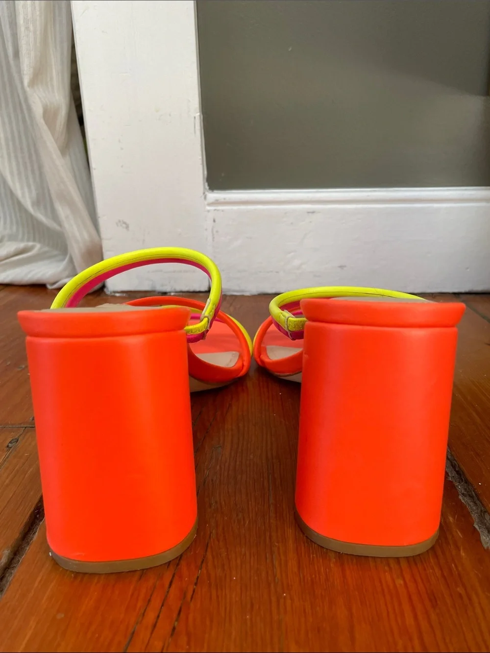 Nine West Neon Orange Slide Heels with Pink & Yellow Strappy Accents